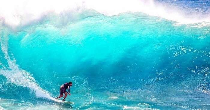 man on surfer board bending in the waves