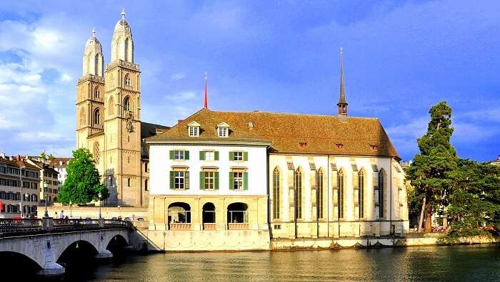 church by the river in Switzerland city