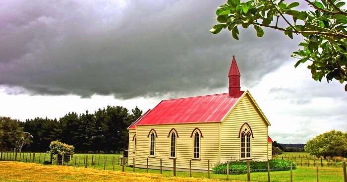 cloudy view of church in new zealand