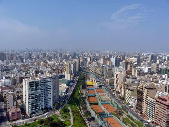 A bustling city with colonial buildings