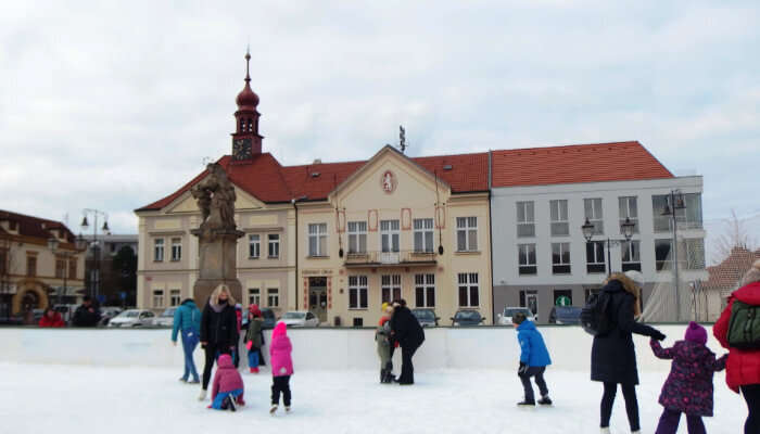 Ice skating At Ovocný trh In Wenceslas Square in Prague in January