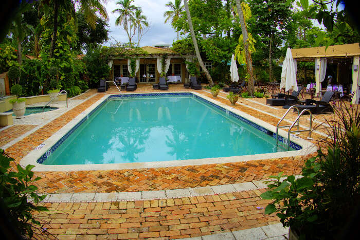 A backyard pool in a hotel