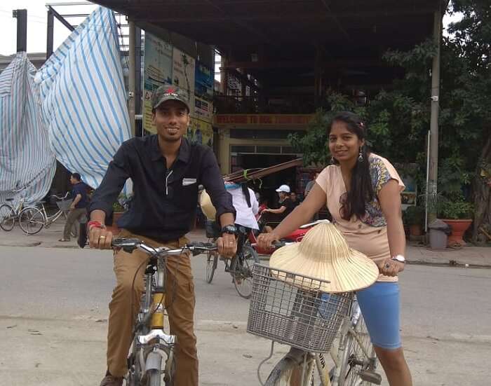 cycling through the street of Tam Coc