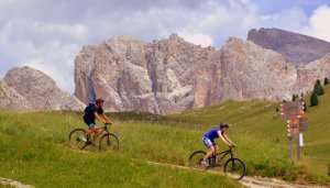 two people on bikes in mountains