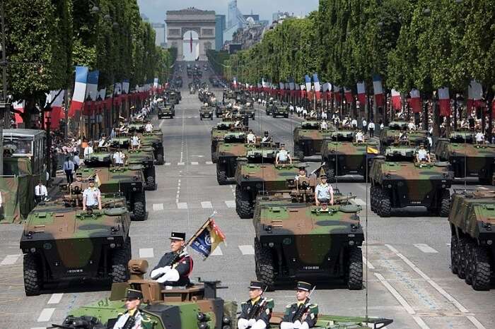 French soldiers, sailors, airmen and Marines lmarch in the annual Bastille Day military parade down the Champs-Elysees in Paris, July 14, 2017. DoD photo by Navy Petty Officer 2nd Class Dominique Pineiro
