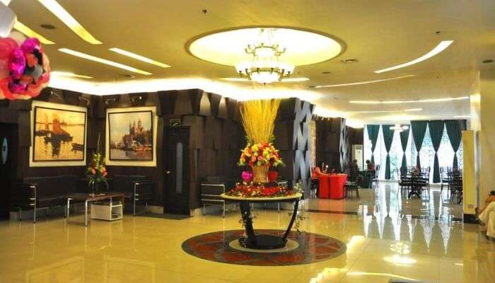 hotel reception area with a centre table