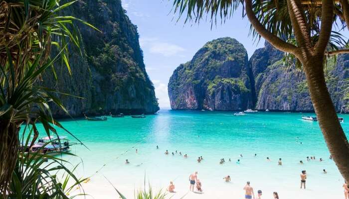 A view of mountains and the water at Maya Bay in Thailand