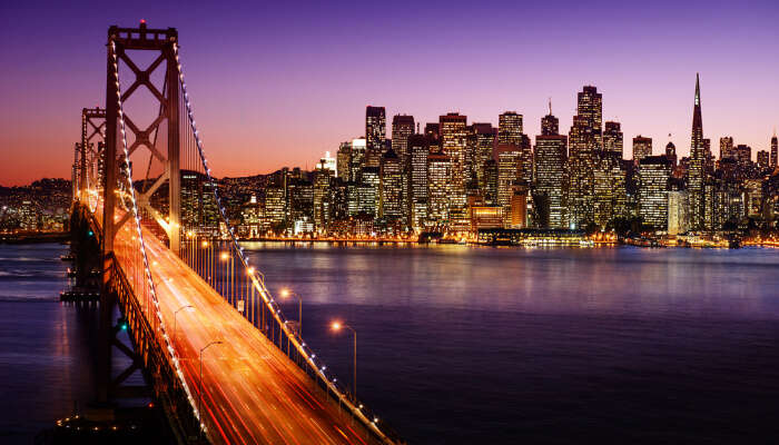 City view with lights and lake