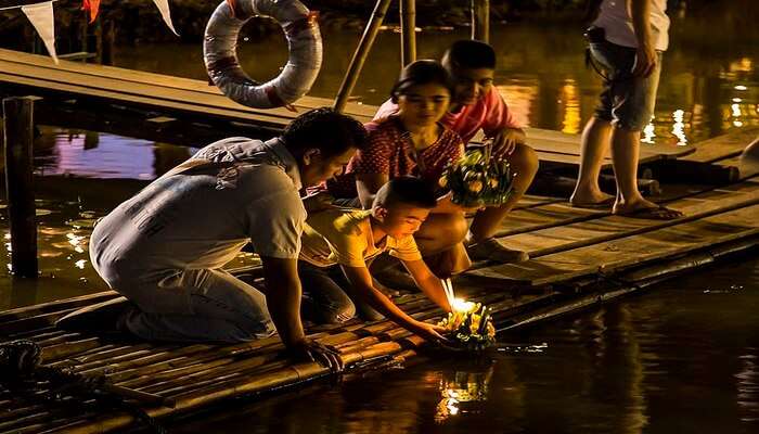 Krathong in Thai means banana trunk decorated with flowers, incense, leaves, and candles