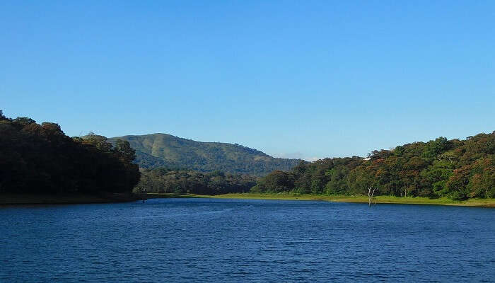 Lake Periyar and mountains at Thekkady- most beautiful hill stations near Ernakulam.