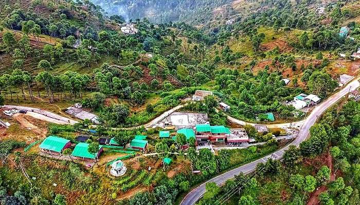 Areal view of The Moksha Retreat at Binsar