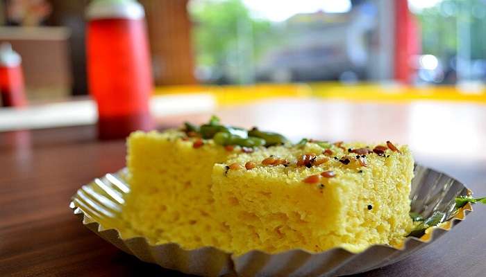 The view of one of the delectable Gujarati dishes, Dhokla.