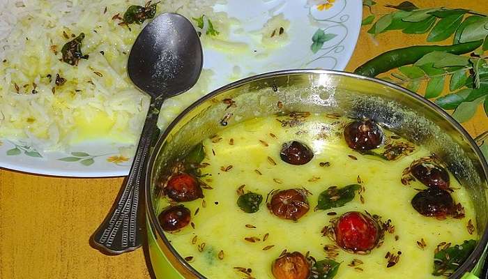 Gujarati Kadhi, one of the yummy Gujarati dishes.