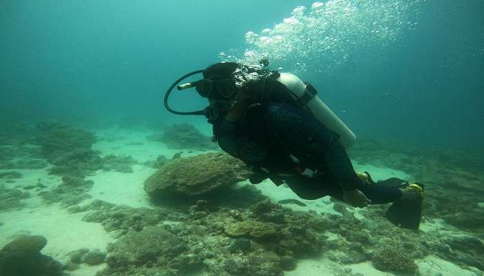 Someone scuba diving in the waters of the Lakshadweep islands, among the top places to visit near Kerala.