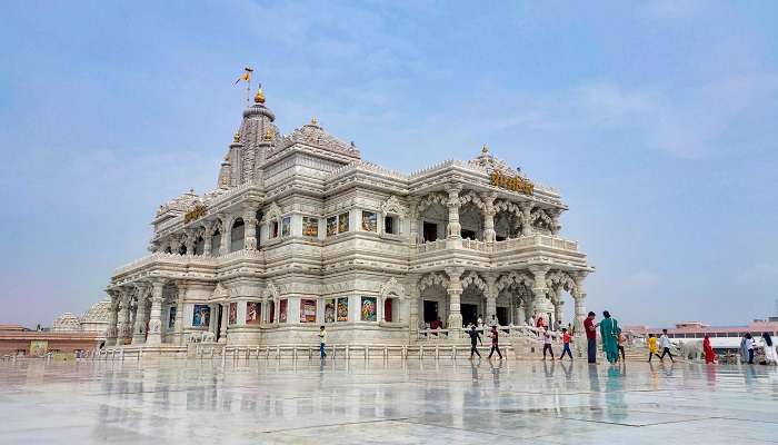 An outer view of Prem Mandir in Mathura, one of the Uttar Pradesh tourist places