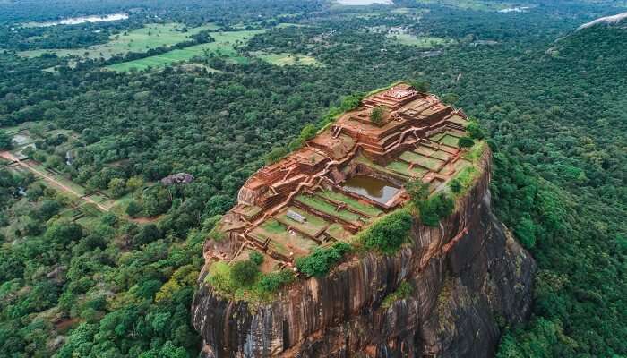 Sigiriya Lion's Rock of Fortress in the middle of the forest in Sri Lanka island