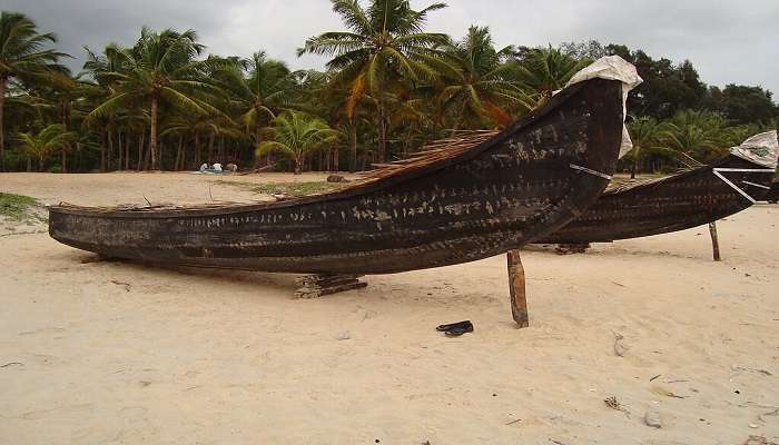 A stitched fishing boat in Thrisurr beach