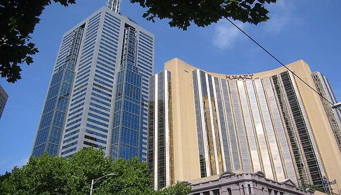 Grand Hayatt Melbourne front building with greenery on bottom