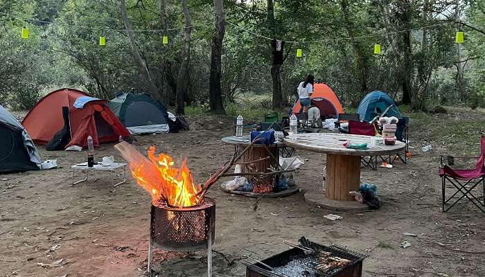 A Campfire near Camping Tents
