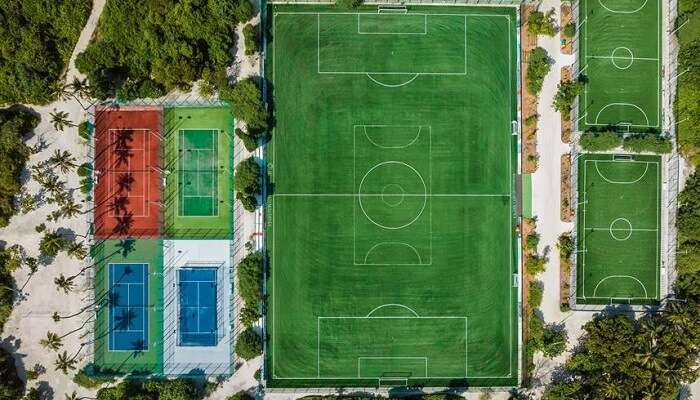 Aerial view of football pick at Sun Aqua Vilu Reef Resort Dhaalu Atoll