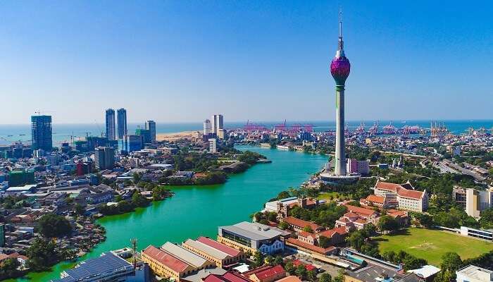 The aerial view of Colombo’s high-rise buildings and tourist attractions