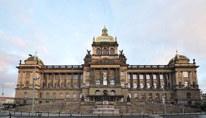 giant building of National museum in Prague in Summer. 