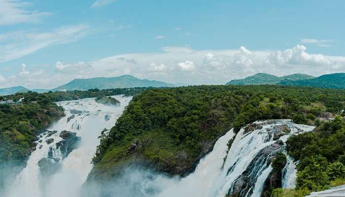 A landscape view of Gaganachukki Falls, one of the enchanting places to visit near Maddur