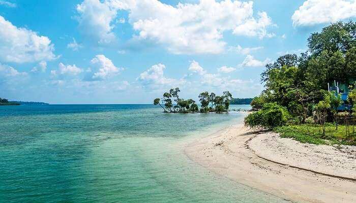 Beau paysage de ciel bleu, mer, sable et vagues blanches.