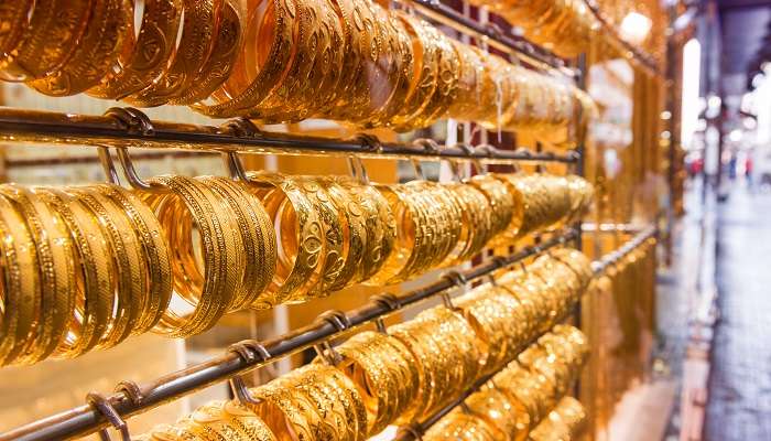 The view of gold jewellery at Gold Souk,, among free things to do in Dubai.