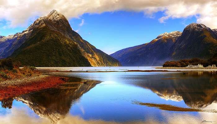 Milford Sound as viewed from a river