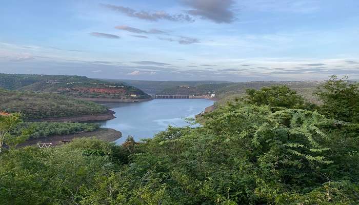 The lush green mountains surrounding Srisailam