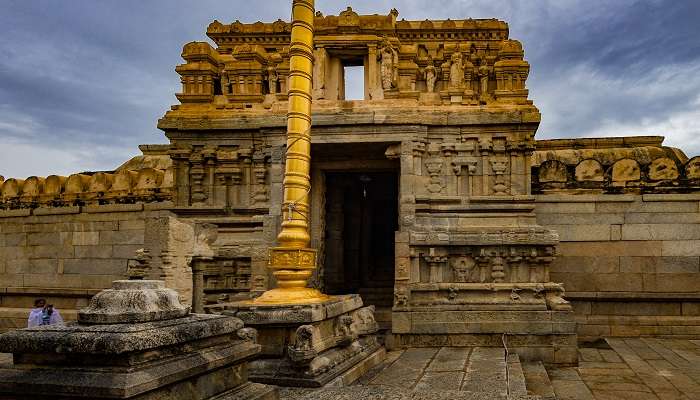 The famous hanging rock pillar at Lepakshi.