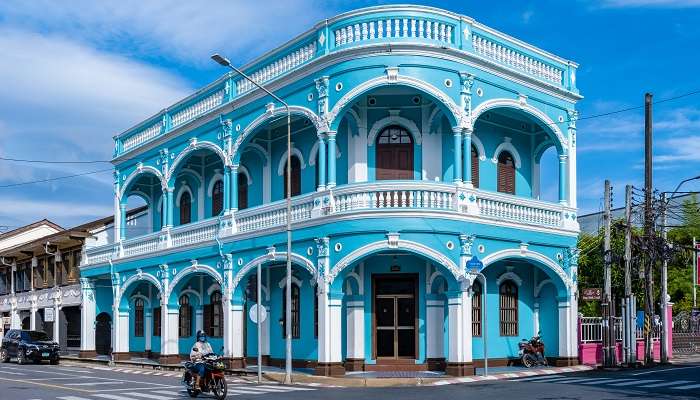 Sunny morning in Phuket Old Town with colourful historic buildings.
