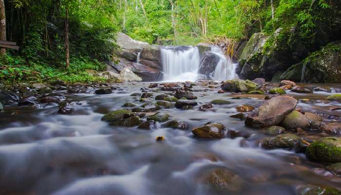 Serene view of Palchuram Waterfall, a beautiful spot near Thirunelli Temple Kerala.