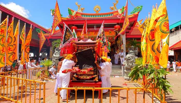 Religious rituals at Jui Tui shrine during Phuket Vegetarian festival. 