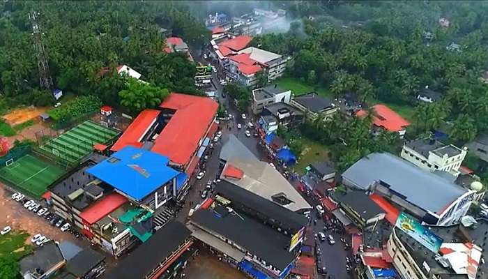an arial view of the streets and hotels near Thalassery.