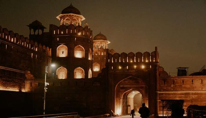 Red Fort near Khooni Darwaza, as viewed at night 