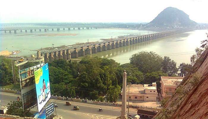 View of Krishna River and Prakasam barrage Vijayawada from a top angle.