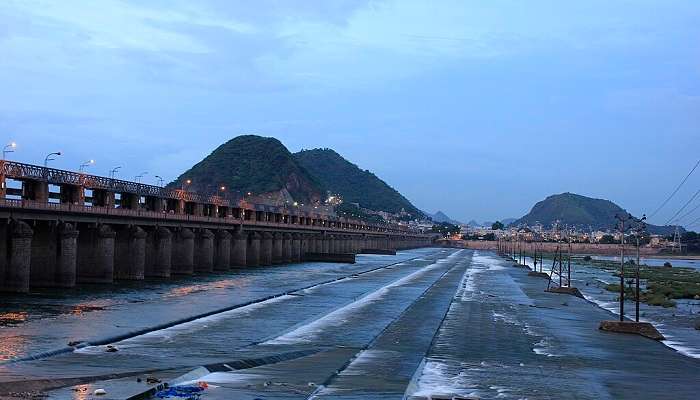 View of the dam with the skyline in the background, spanning the Krishna River.