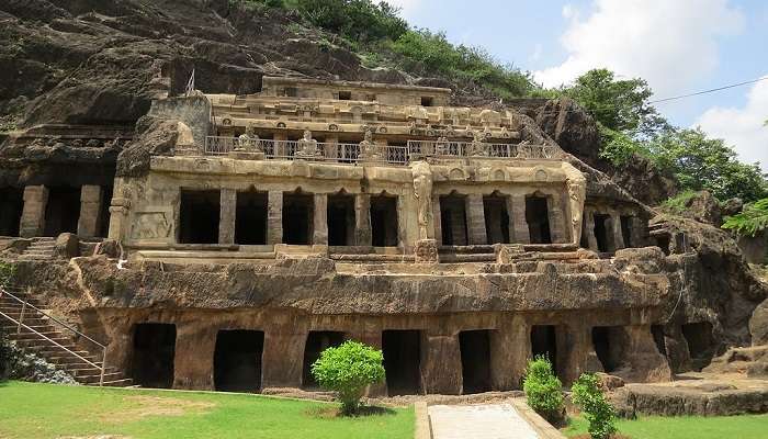 View of Undavalli caves that are near Prakasam barrage Vijayawada