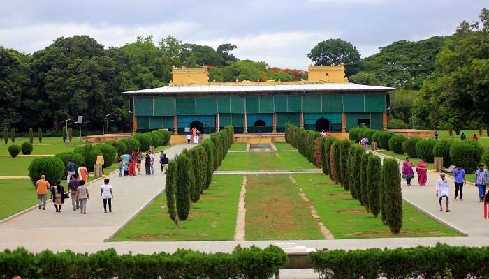 The outer view of the palace & the lawn of the palace, a popular attraction near Srirangapatna Fort 