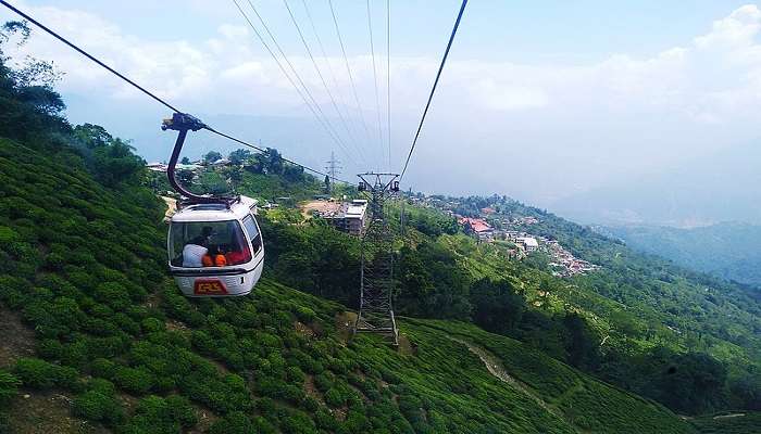 The aerial view of the Darjeeling Ropeway near Observatory Hill View Point.