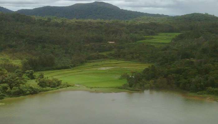 Aerial view of fishermen boats in a lake near Harangi Reservoir