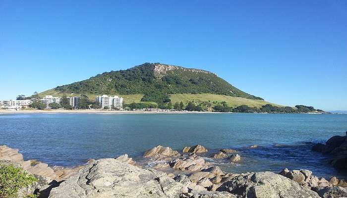 A view of Mount Maunganui near Pilot Bay Beach.