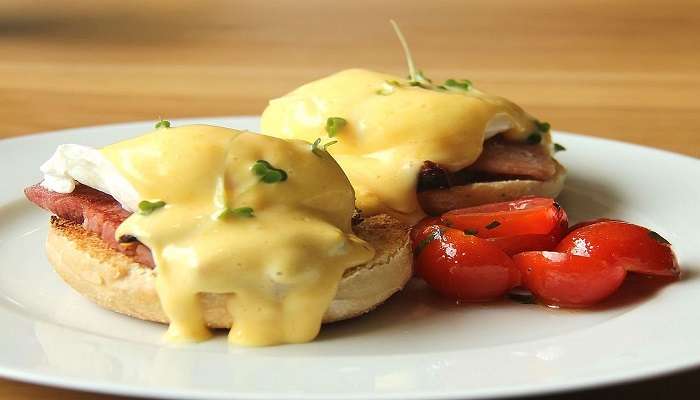 A plate of Eggs Benedict in a restaurant in Nowra.