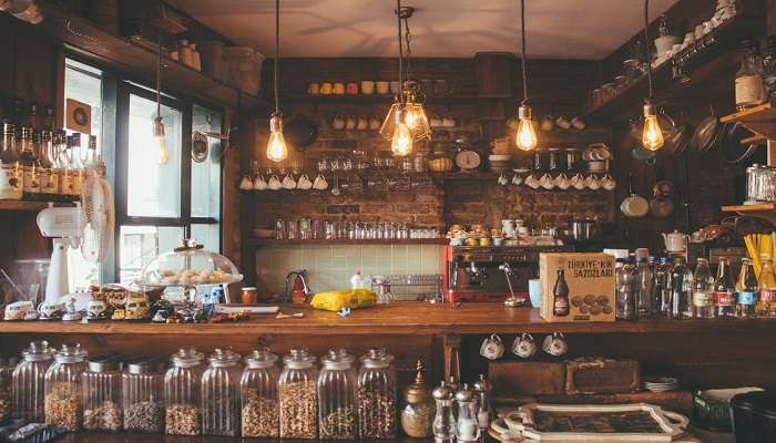 The interior setup of a restaurant and bar