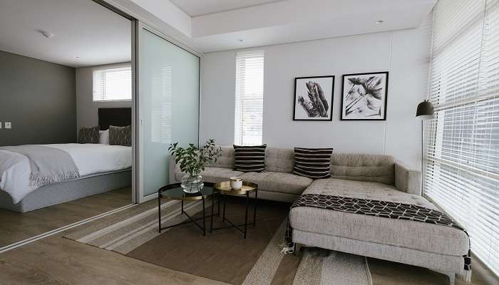 A wide and elegant room in a hotel 