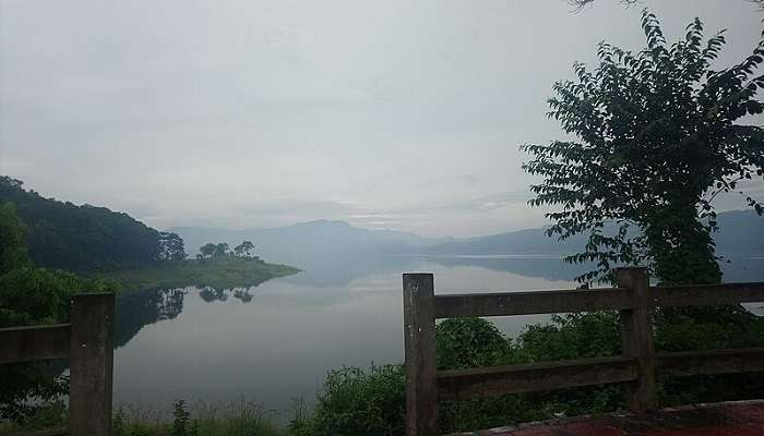 Scenic view of Umiam Lake surrounded by hills