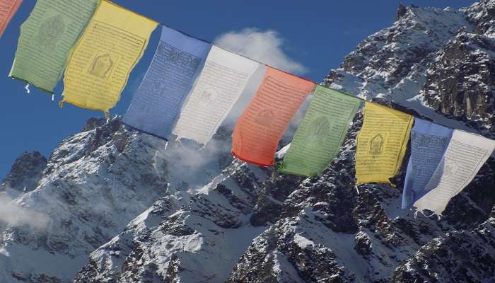 Prayer flags at Singha Devi Temple near Sumendu Lake.