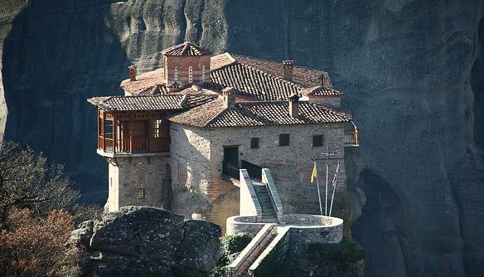 Top view shot of Roussanou Monastery 